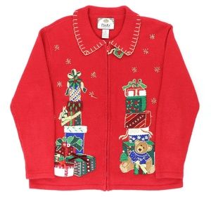 Vintage Tiara Ugly Christmas Sweater Cardigan Bear